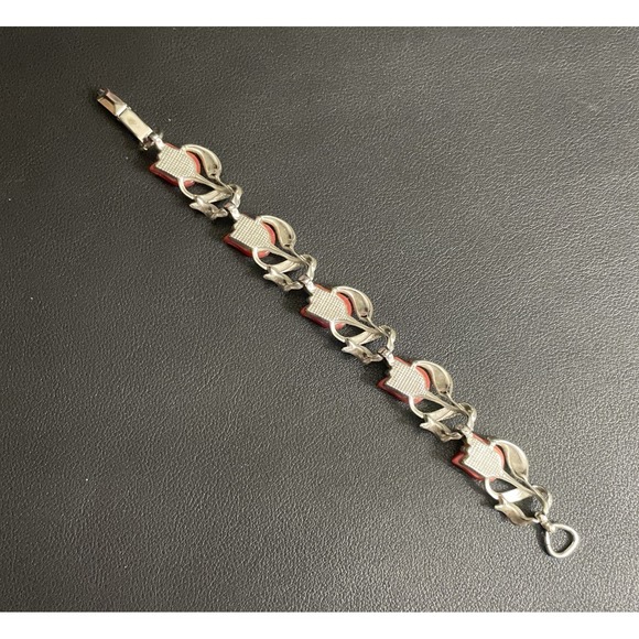 Vintage STAR Thermoset Bracelet Tulip Red Silver Tone Lucite Midcentury Floral - Picture 7 of 10